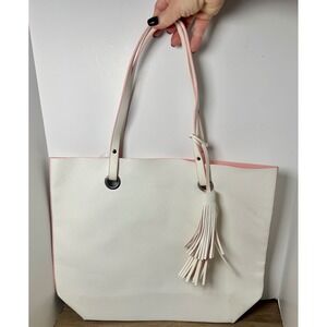 Ralph Lauren Fragrances White Pebbled Faux Leather Tote Bag Pink Interior Tassel